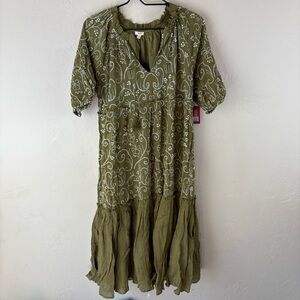 NWT Reba Vintage Ikat Green Dress White Embroidered Accents Peasant Boho Medium
